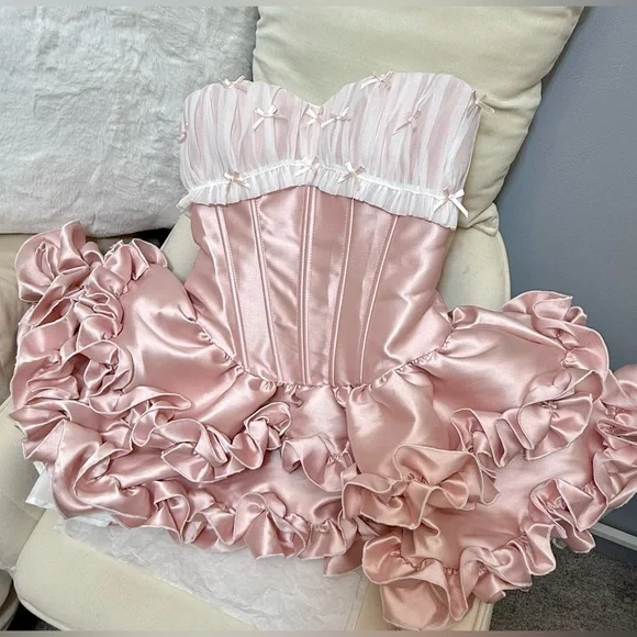 LANE CI Pink Satin Corset Mini Dress Bloomers Ruffle Strapless Ballet Style NWT - Picture 2 of 8